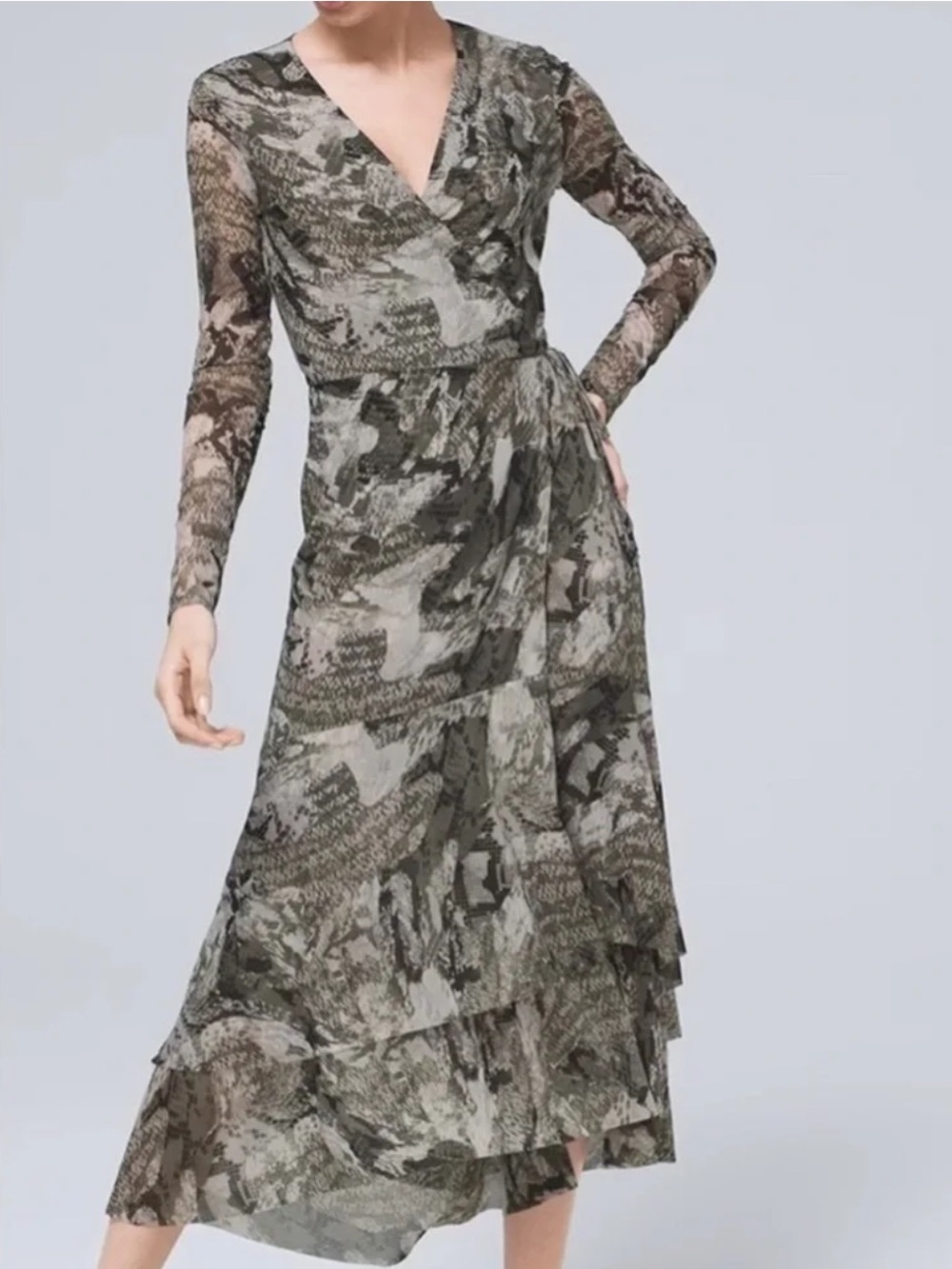 White House Black Market Olive Long Sleeve Wrap Midi Dress Sz 6